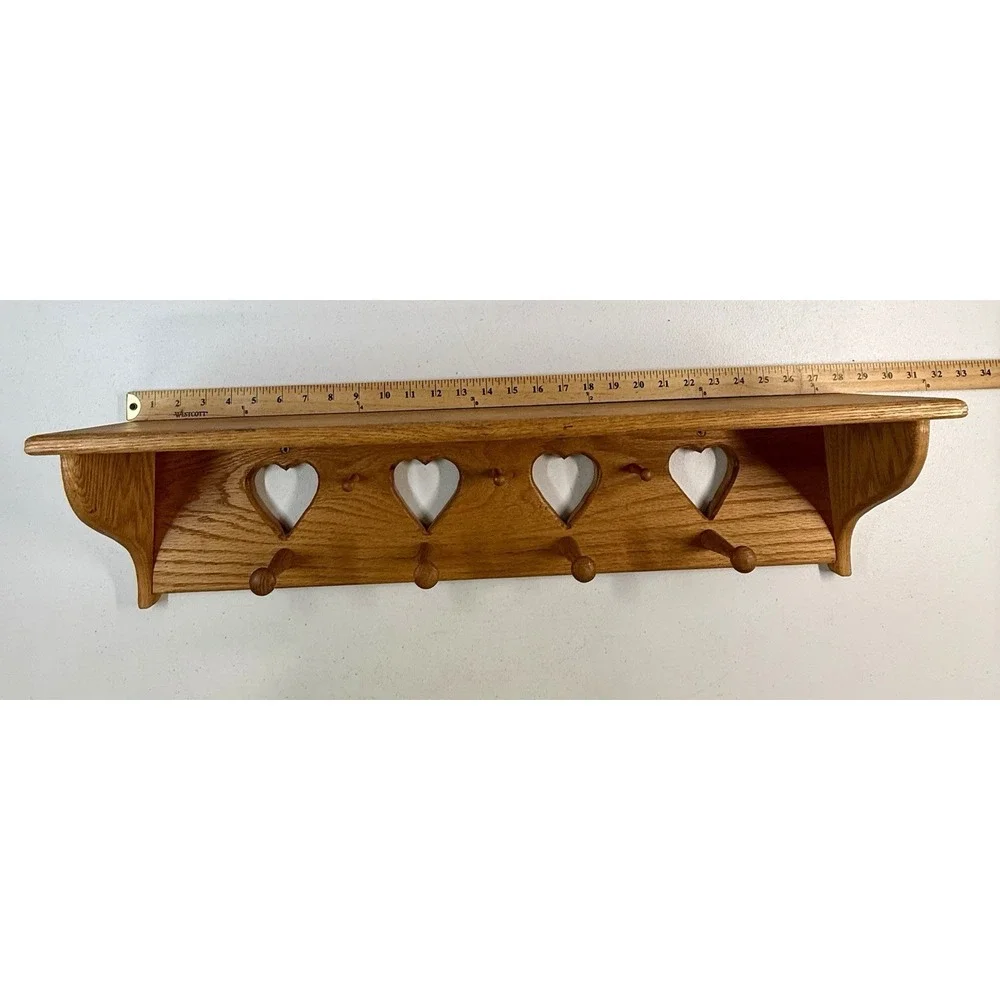 Vintage Cottage Farmhouse 4 Heart Cutout 7 Peg Shelf 28″ Rustic Wooden Wall Rack